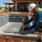 Técnico conferindo nível e tubulação durante construção de piscina em Aragoiânia