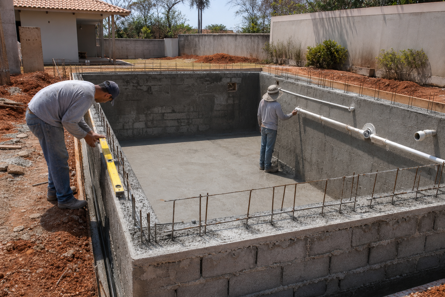 Obra de piscina de alvenaria com trabalhadores conferindo nível e tubulações