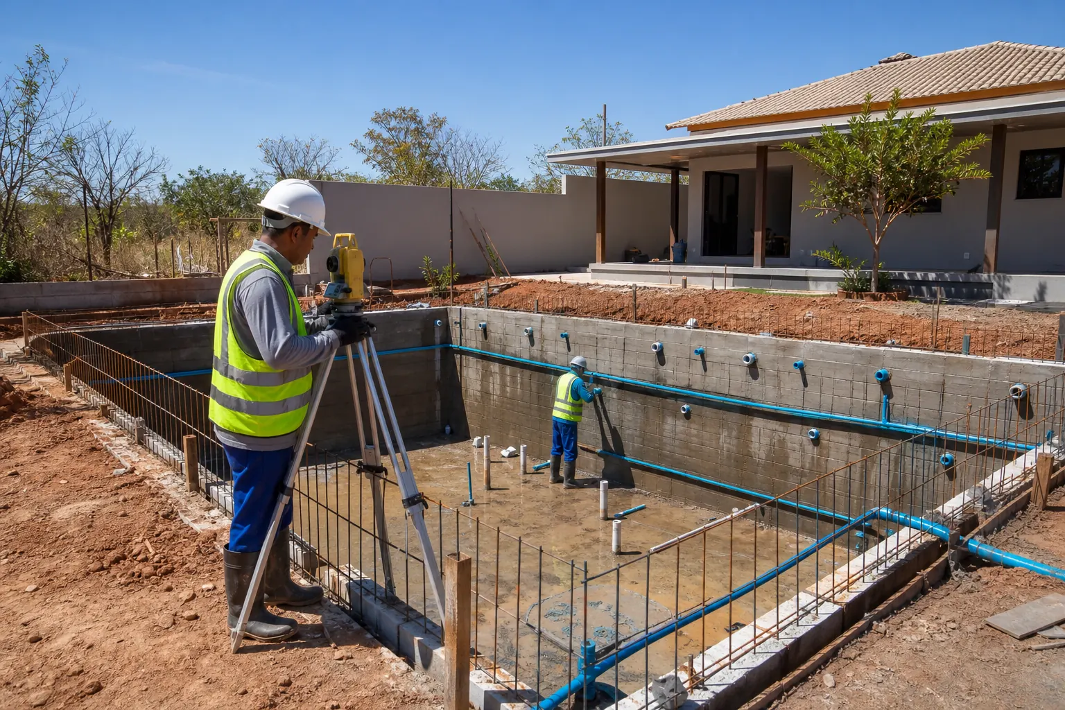 Técnicos nivelando estrutura de piscina em construção com tubulação hidráulica aparente