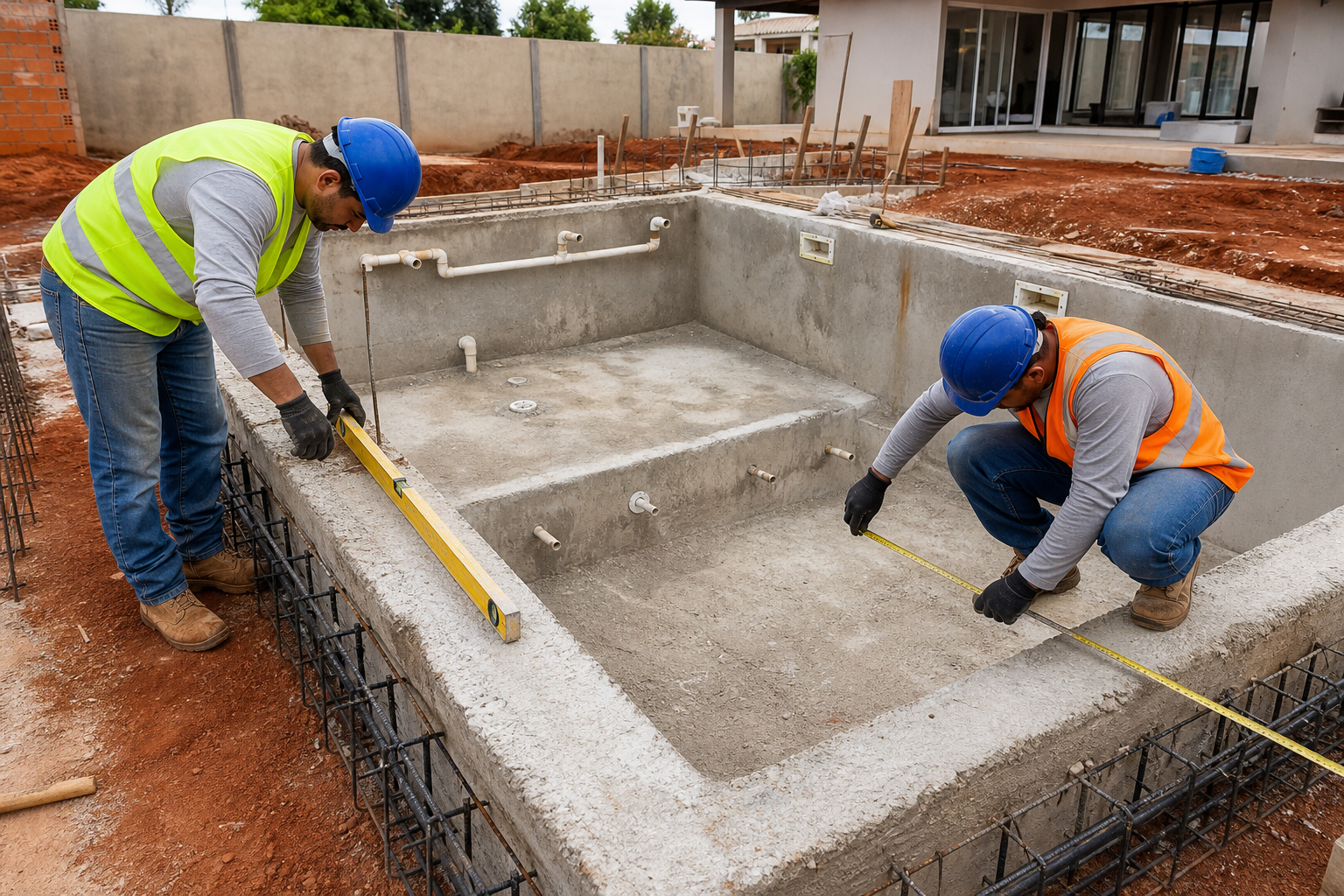 Piscina de alvenaria em construção com técnicos conferindo nível, medidas e tubulações em Campo Limpo de Goiás