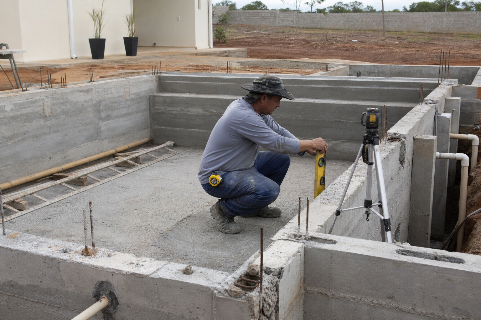 Piscina de alvenaria em construção com técnico conferindo nível, medidas e tubulações em Carmo do Rio Verde