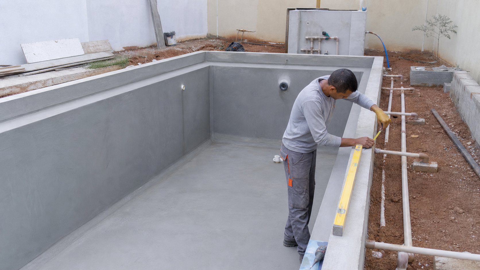 Piscina residencial em obra com técnico conferindo nível, tubulações hidráulicas e estrutura preparada para vinil