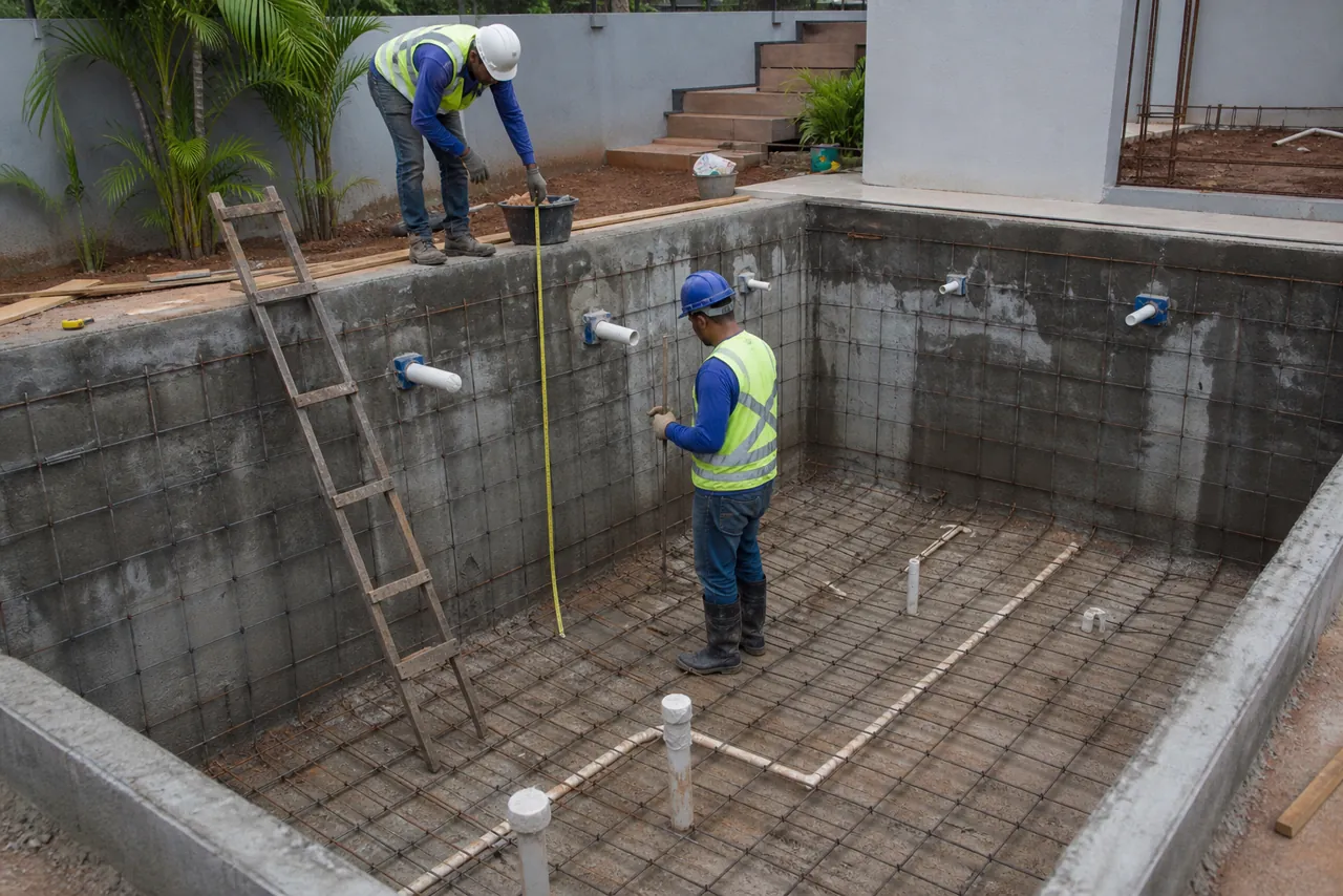 Obra de piscina de alvenaria com ferragens, tubulação hidráulica e técnicos medindo a estrutura