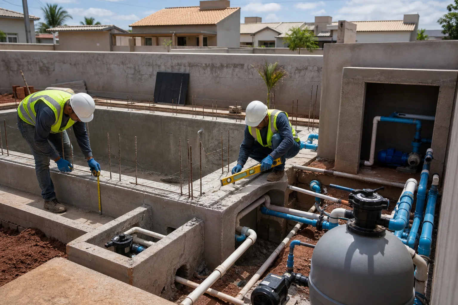 Técnicos medindo estrutura de piscina residencial em construção com ferragens, tubulações e filtro ao lado