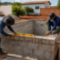 Piscina de alvenaria em construção com técnicos conferindo nível, medidas e tubulações em Nazário