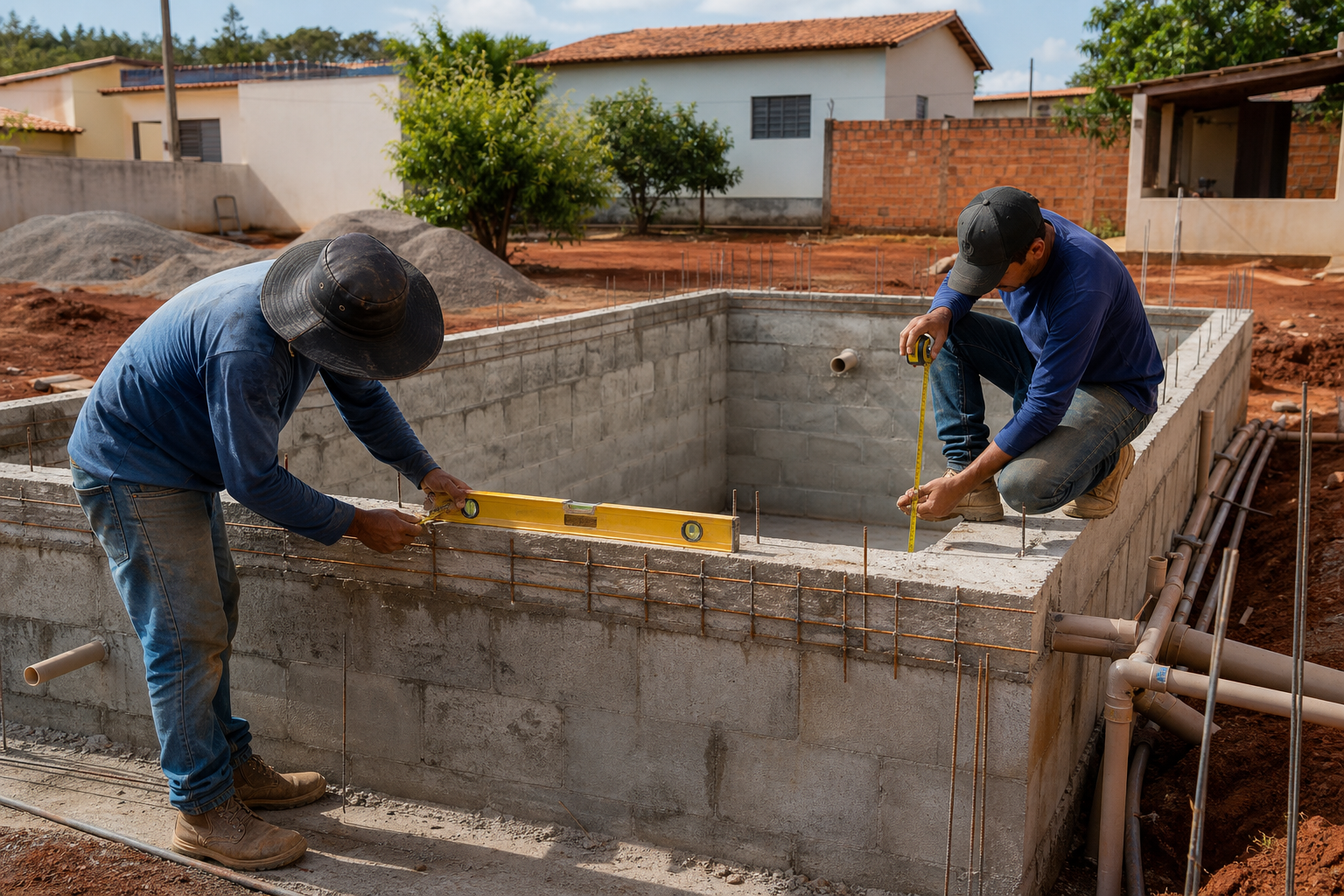 Piscina de alvenaria em construção com técnicos conferindo nível, medidas e tubulações em Nazário