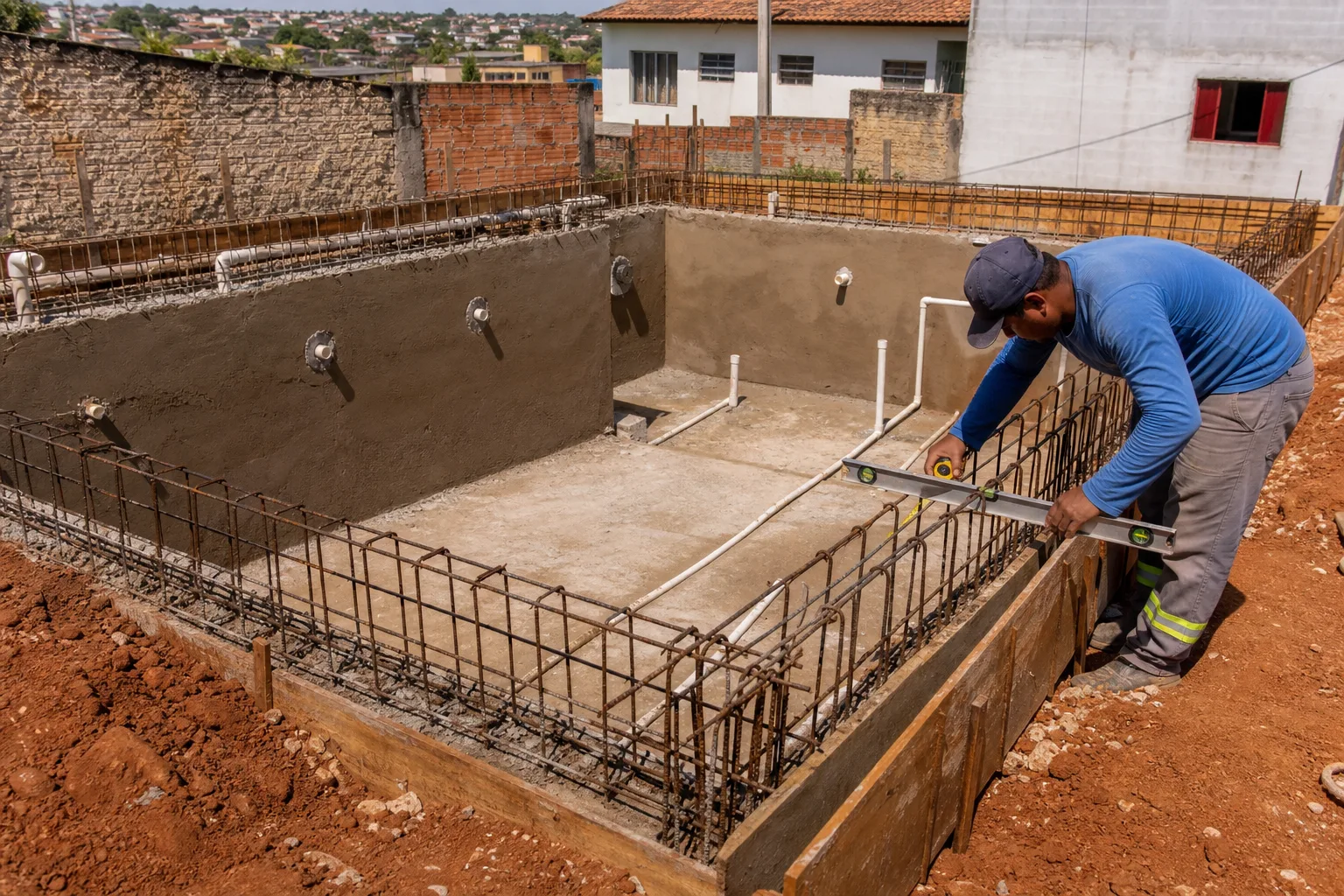 Piscina em construção com ferragem tubulações hidráulicas e técnico medindo o nível da estrutura