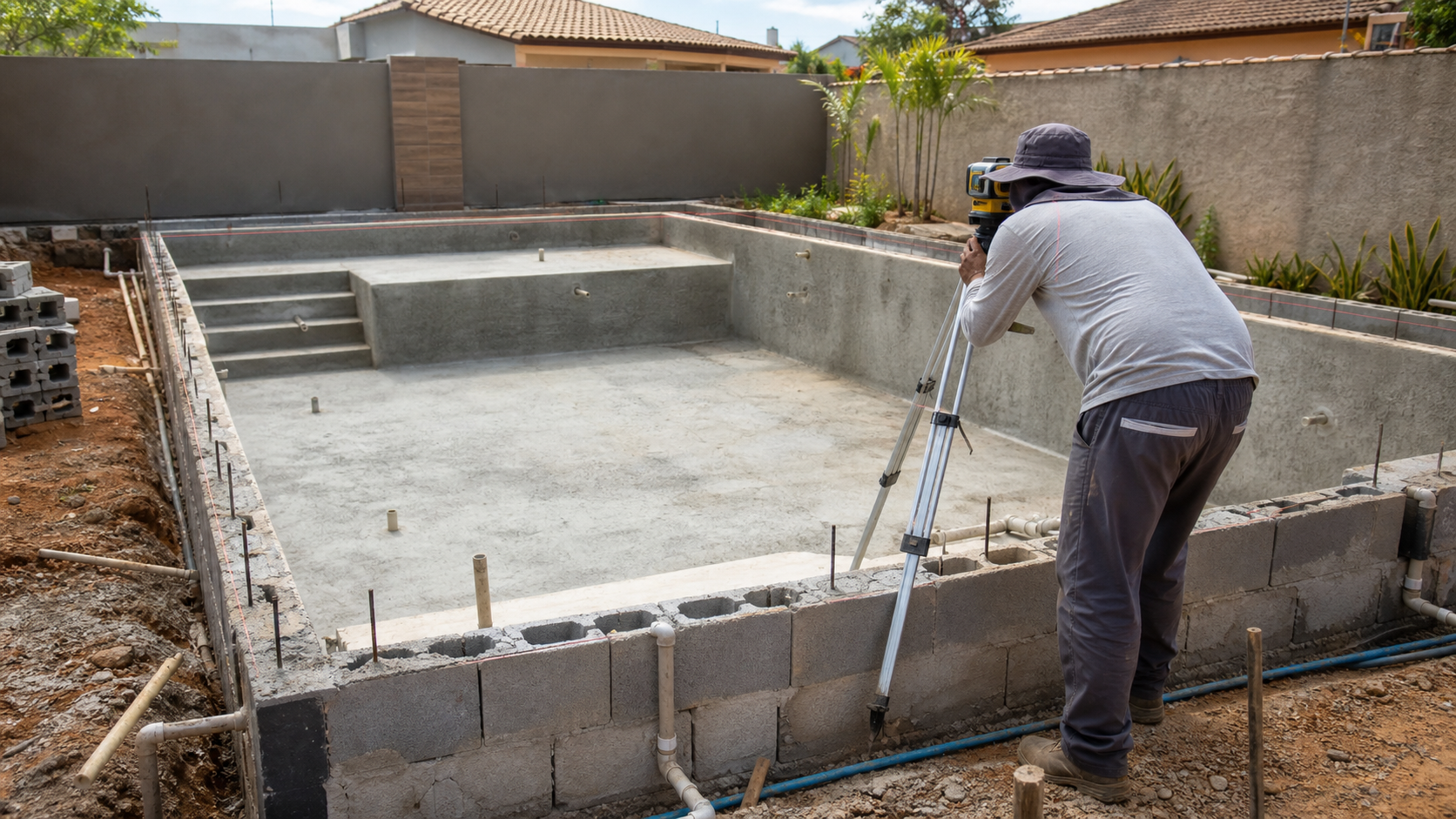 Piscina de alvenaria em construção com armadura hidráulica embutida e técnico conferindo o nível da borda