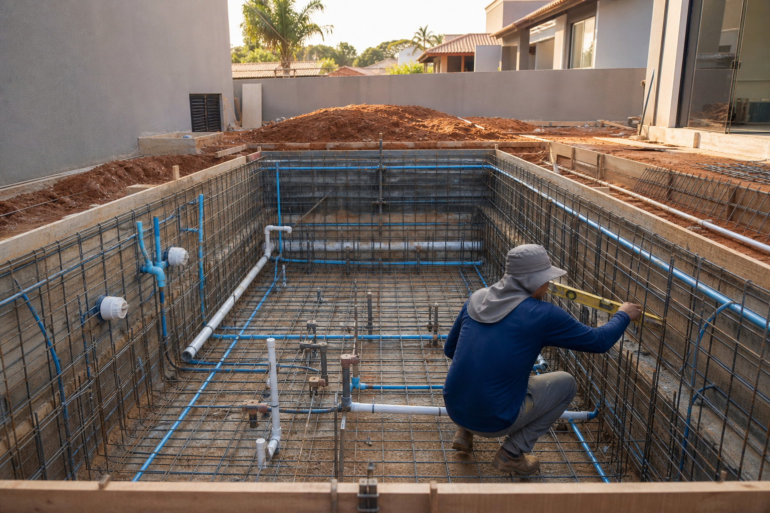 Piscina em construção com armadura, tubulações hidráulicas e técnico conferindo o nível da estrutura no Rosa dos Ventos, Aparecida de Goiânia