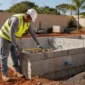 Piscina de alvenaria em construção com técnico medindo nível da borda e tubulações hidráulicas aparentes