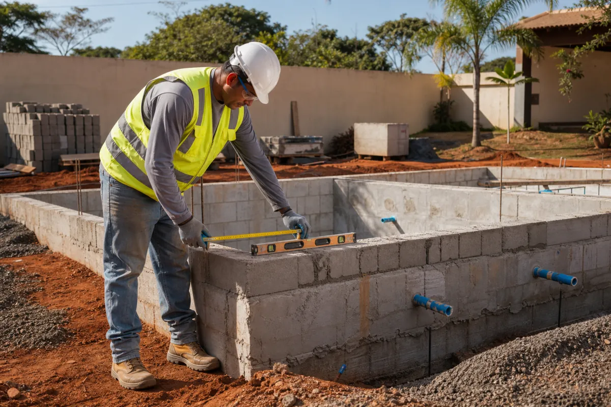Piscina de alvenaria em construção com técnico medindo nível da borda e tubulações hidráulicas aparentes