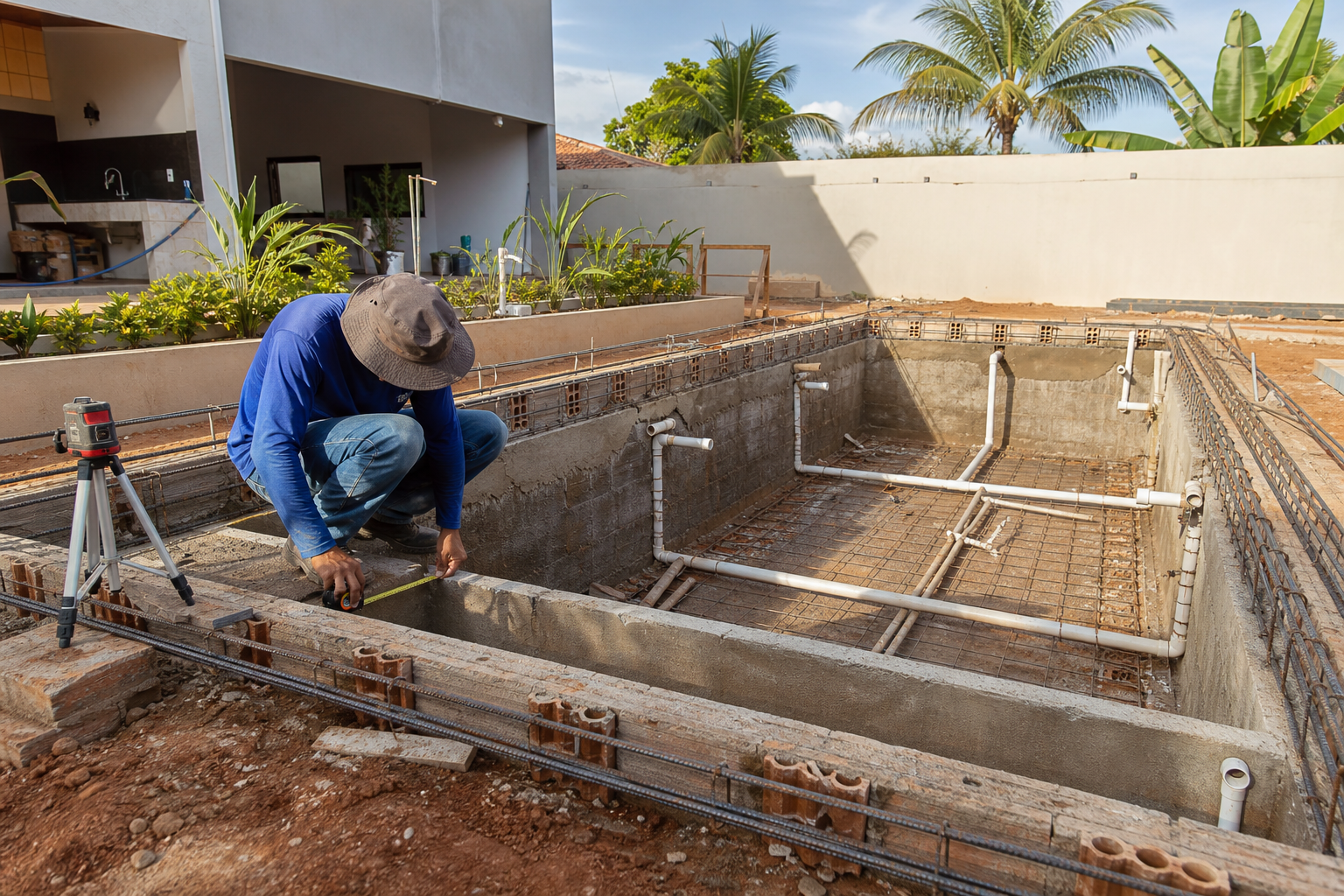 Piscina de alvenaria em construção com estrutura reforçada e técnico conferindo medidas e tubulações