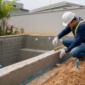 Técnico medindo estrutura de piscina em construção com tubulação hidráulica e dispositivos visíveis
