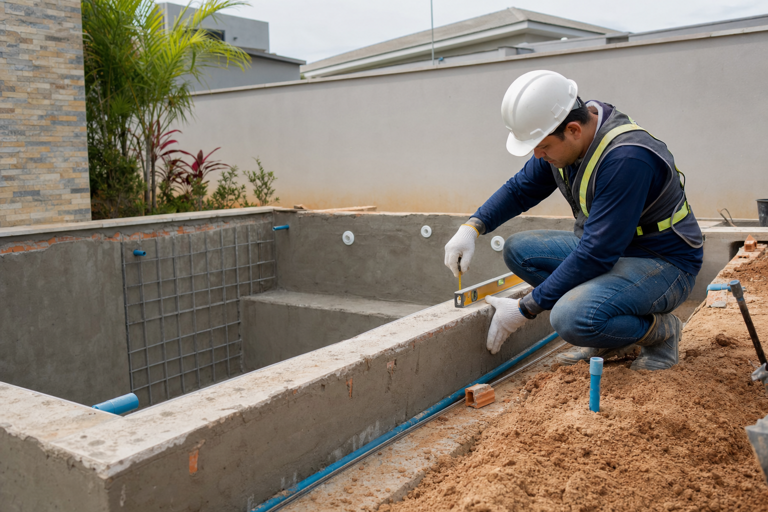 Técnico medindo estrutura de piscina em construção com tubulação hidráulica e dispositivos visíveis