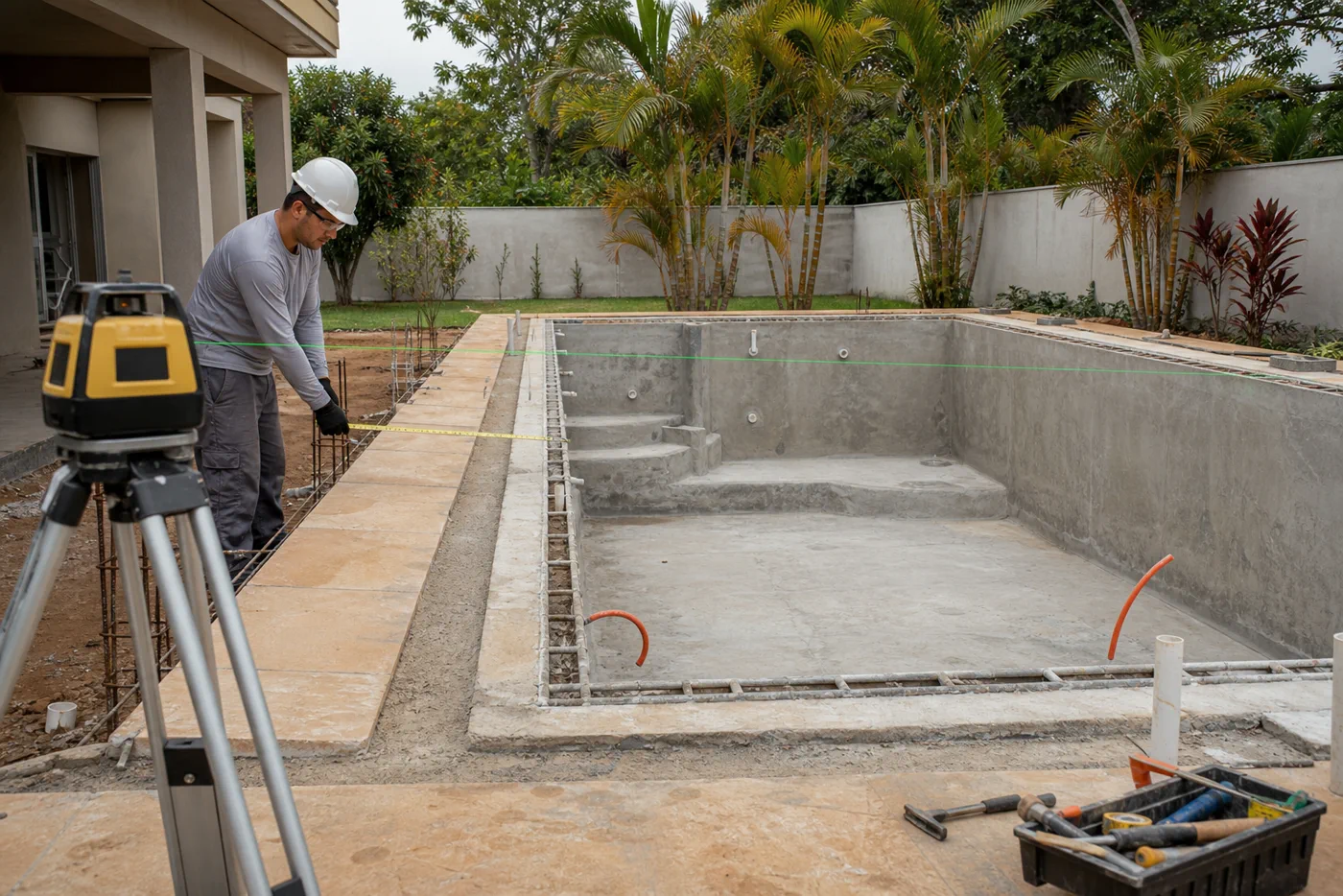 Piscina residencial em construção com técnico medindo a estrutura no Setor Norte Ferroviário, Goiânia