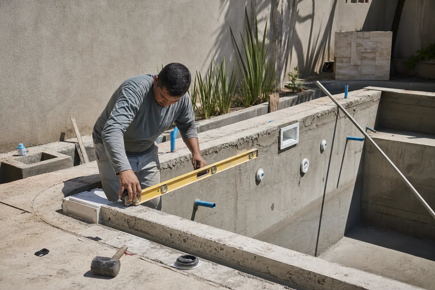 Técnico medindo estrutura de piscina em construção com nível e tubulações hidráulicas aparentes