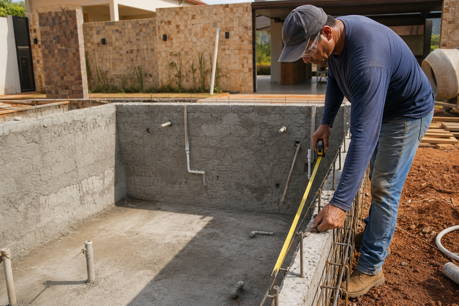 Piscina de alvenaria em construção com tubulações hidráulicas e técnico conferindo a estrutura