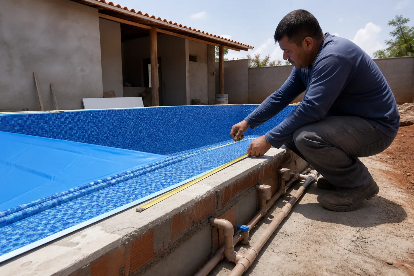 Técnico medindo piscina de vinil em construção com tubulações hidráulicas aparentes