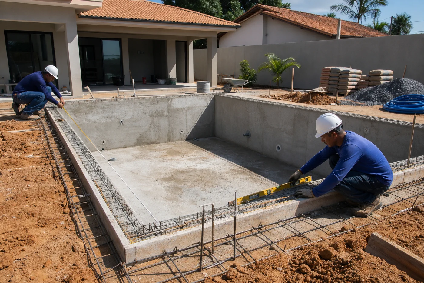 Piscina residencial em construção com estrutura de concreto e medição técnica na Vila São Tomaz, Aparecida de Goiânia