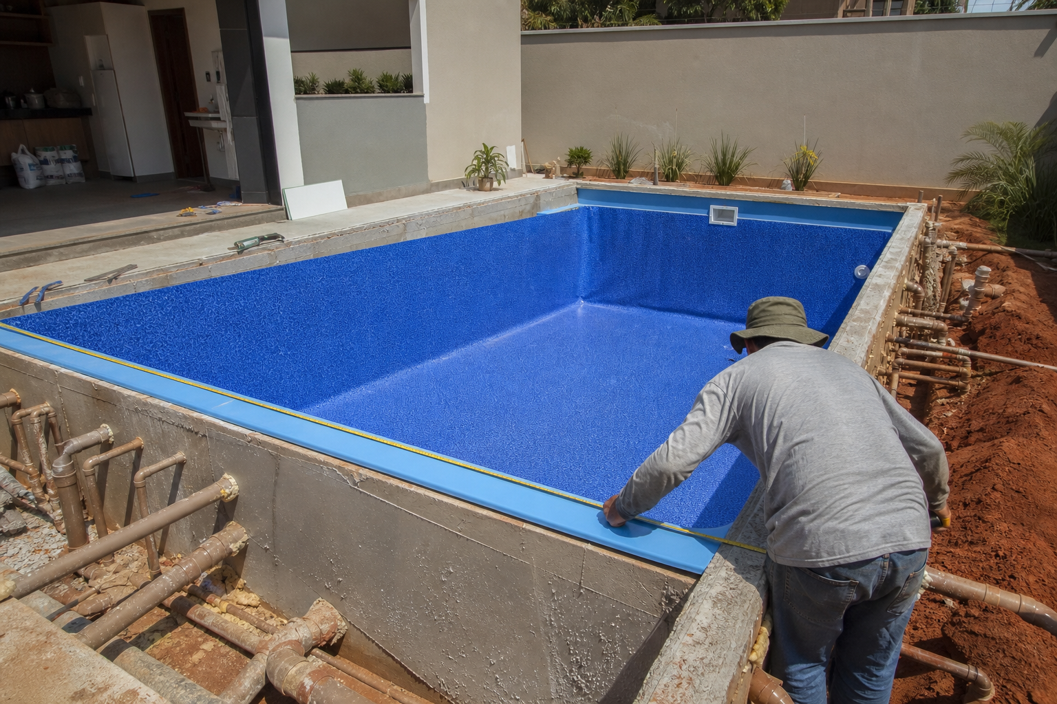 Piscina residencial de vinil em construção no Parque Atheneu com técnico conferindo medidas e tubulações hidráulicas