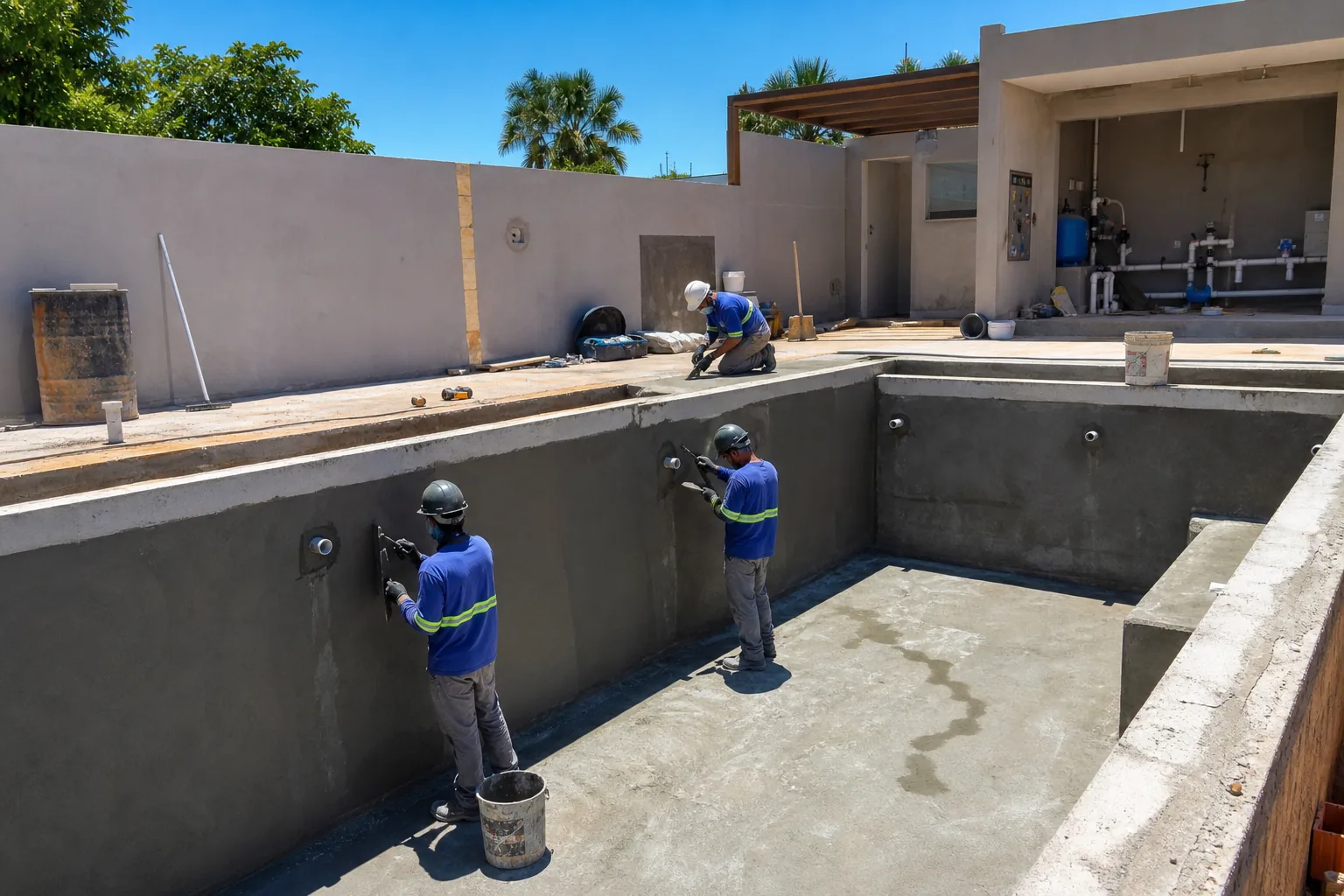 Equipe aplicando acabamento e impermeabilização em piscina em construção com casa de máquinas ao fundo
