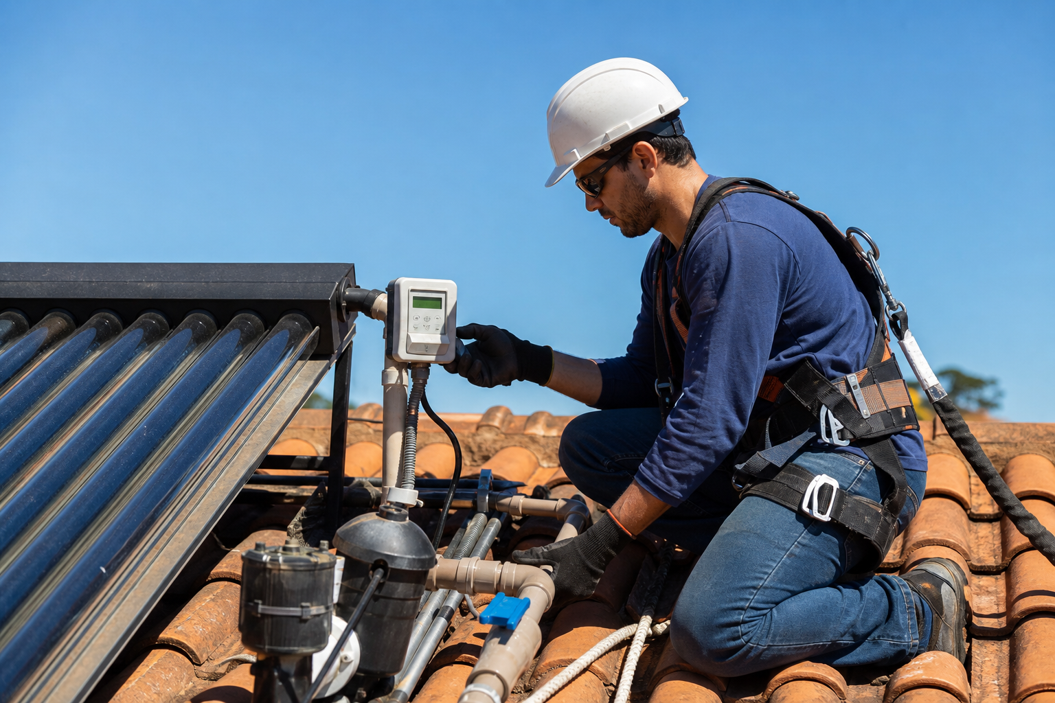 Técnico em placas de aquecimento solar de piscina conferindo sensores