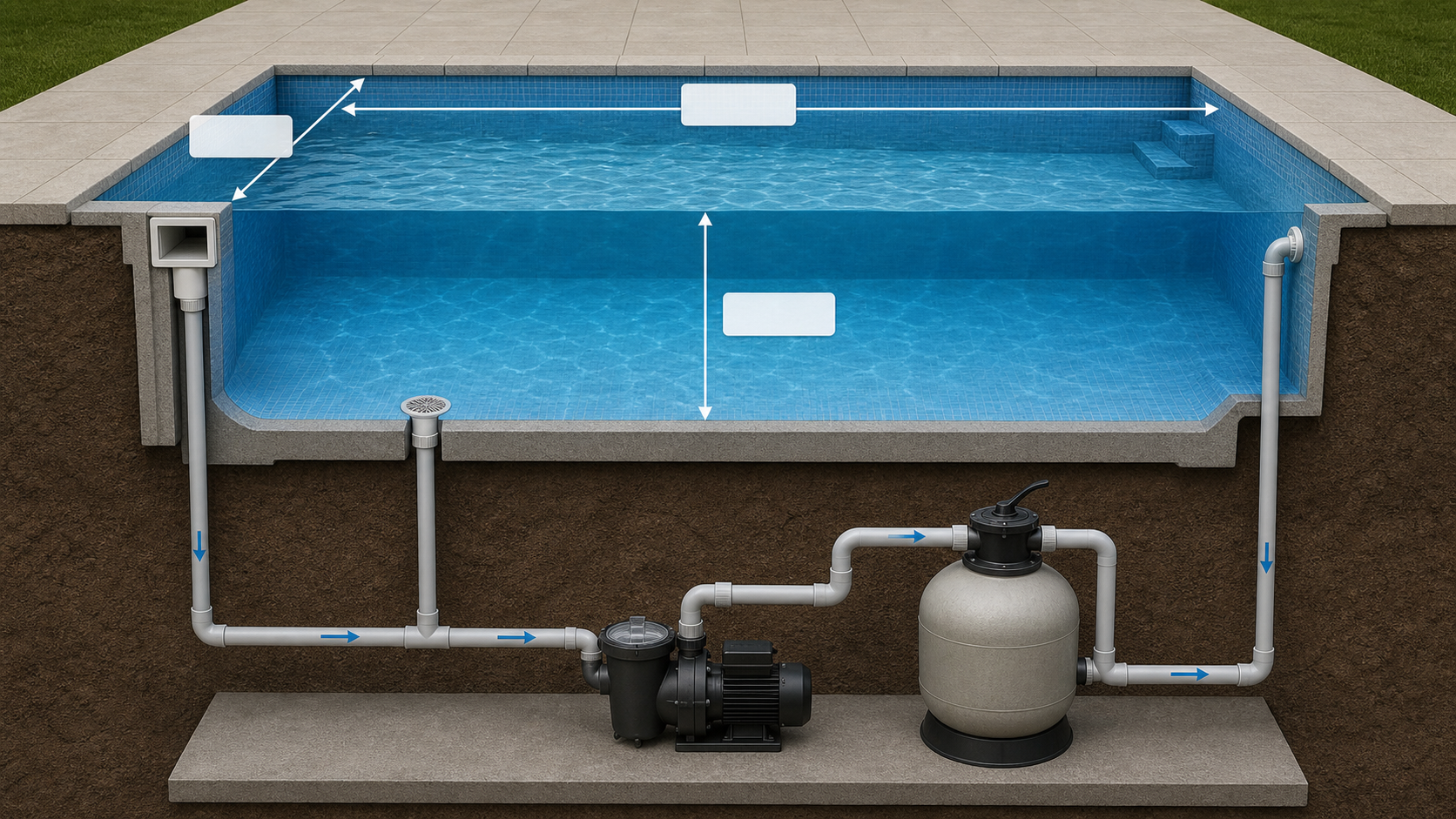 Diagrama em corte mostrando comprimento, largura, profundidade e a ligação da piscina ao sistema de bomba e filtro.