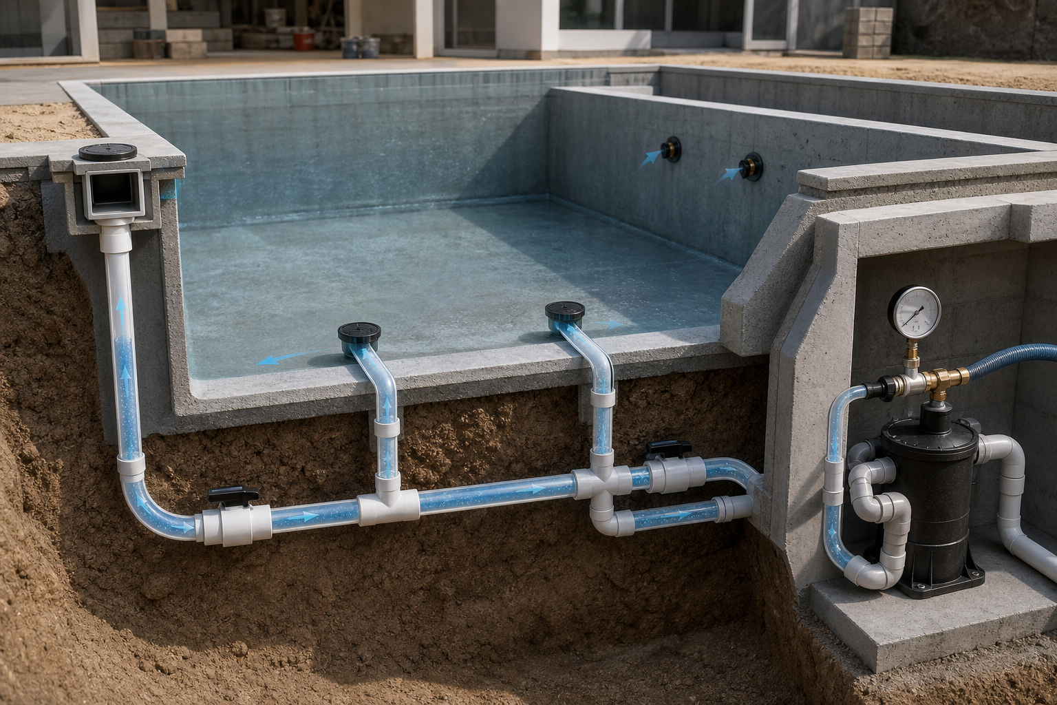 Tubulações de ralos, skimmer e retornos de uma piscina em construção isoladas para teste de pressão hidráulica.