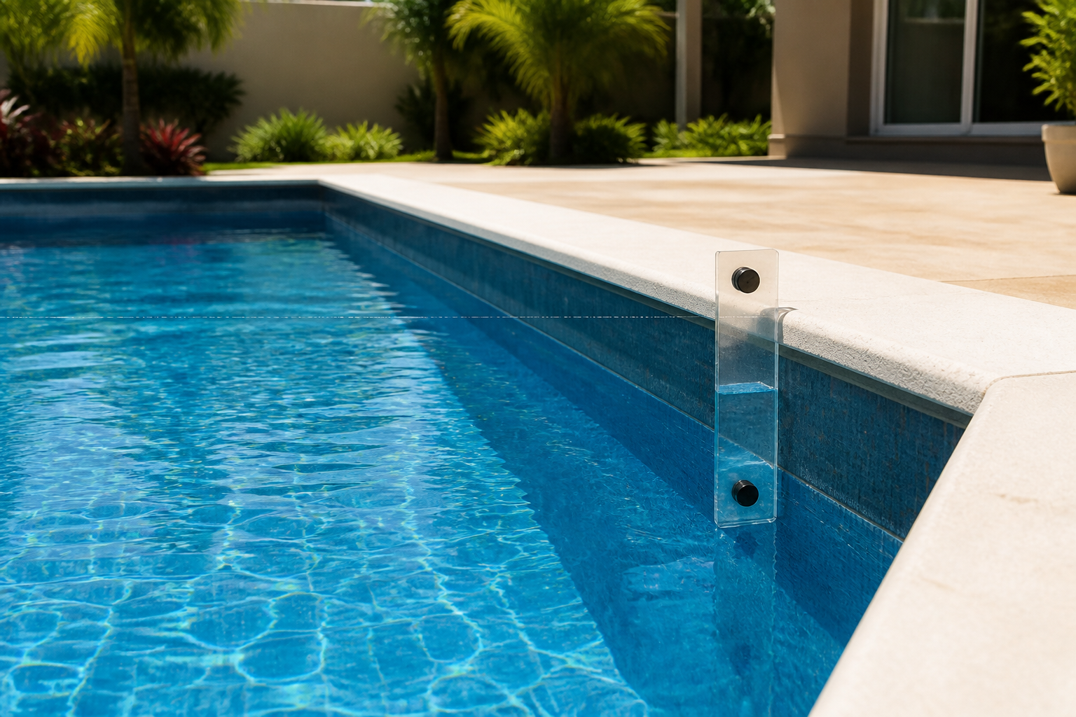 Piscina residencial com régua transparente de referência para acompanhar o nível da água e diferenciar evaporação de perda anormal.