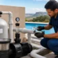 Filtro de areia com motobomba, tubulações, registros e manômetro em casa de máquinas de piscina