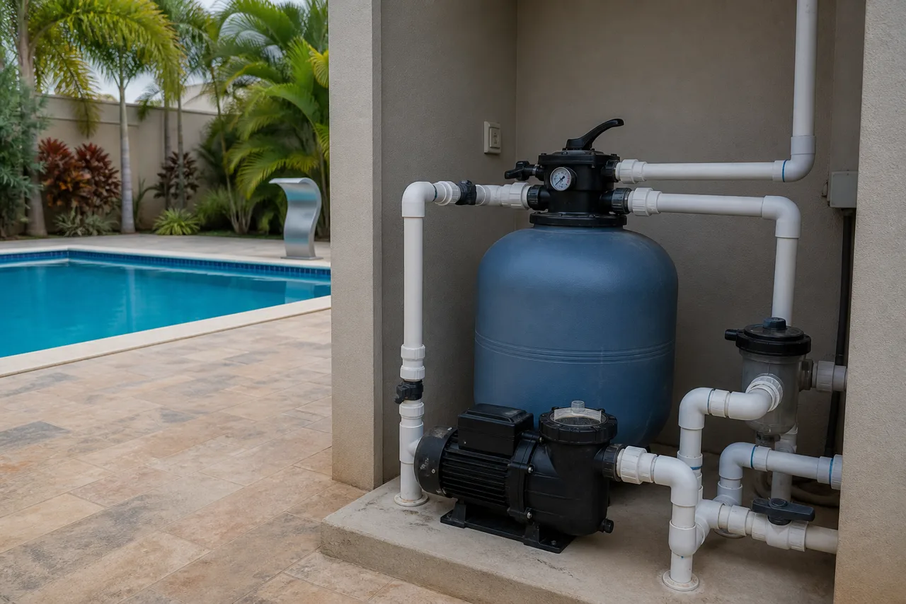 Filtro de areia com motobomba, tubulações, registros e manômetro em casa de máquinas de piscina