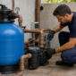 Filtro de areia azul conectado a motobomba, manômetro, registros e tubulações em casa de máquinas de piscina