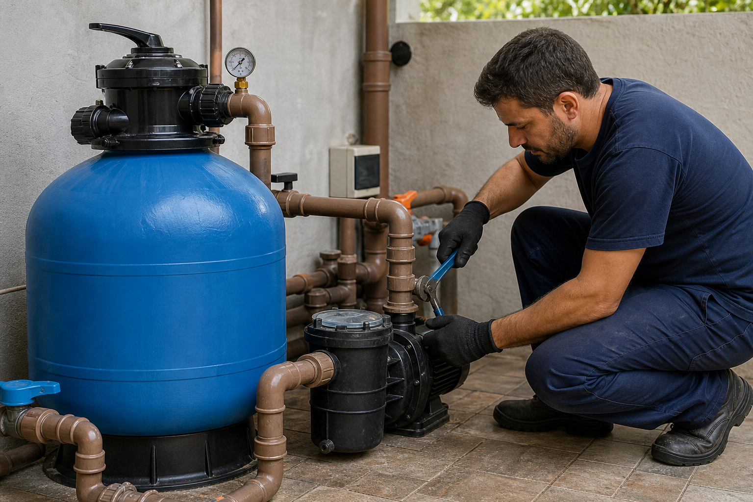 Filtro de areia azul conectado a motobomba, manômetro, registros e tubulações em casa de máquinas de piscina