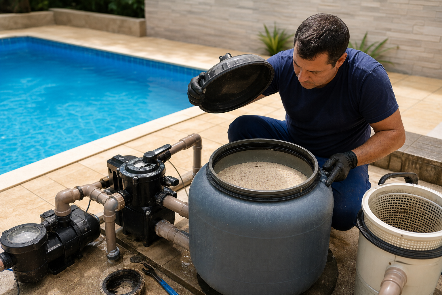 Técnico abrindo filtro de areia de piscina com bomba tubulações cesto e água azul ao fundo