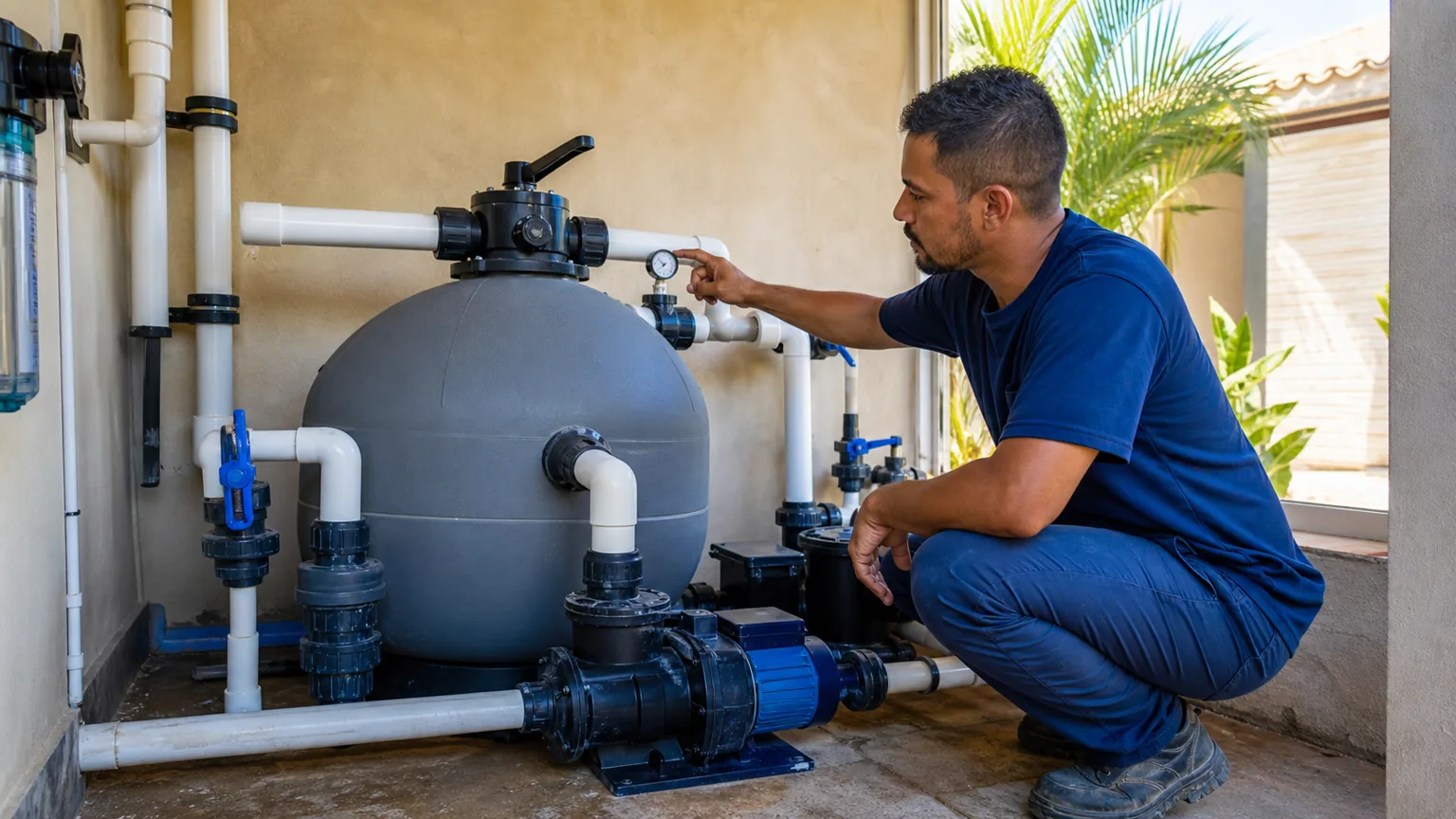 Filtro de areia, motobomba, manômetro e tubulações de PVC em casa de máquinas de piscina