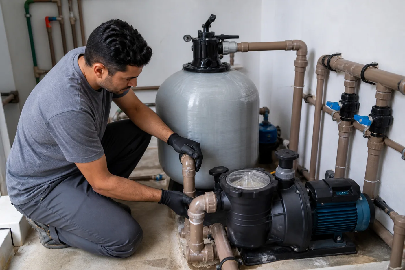Filtro de areia bomba válvulas e tubulações de piscina com técnico revisando a casa de máquinas