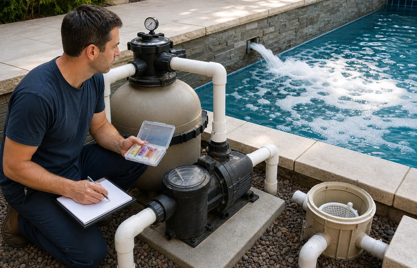 Técnico inspeciona bomba e filtro de areia enquanto o retorno da piscina forma espuma na superfície