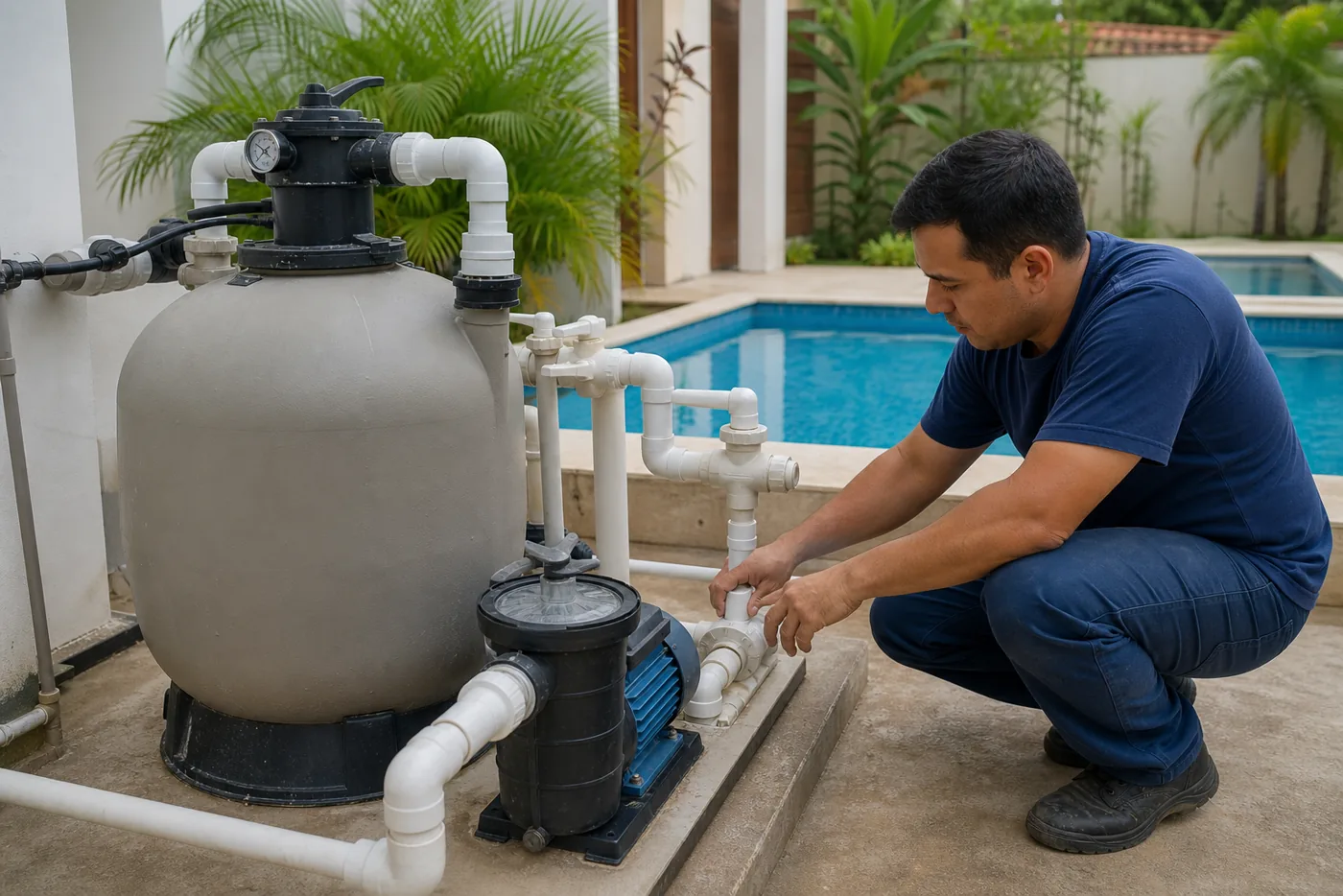 Técnico ajustando válvulas de PVC ao lado de filtro e bomba de piscina residencial