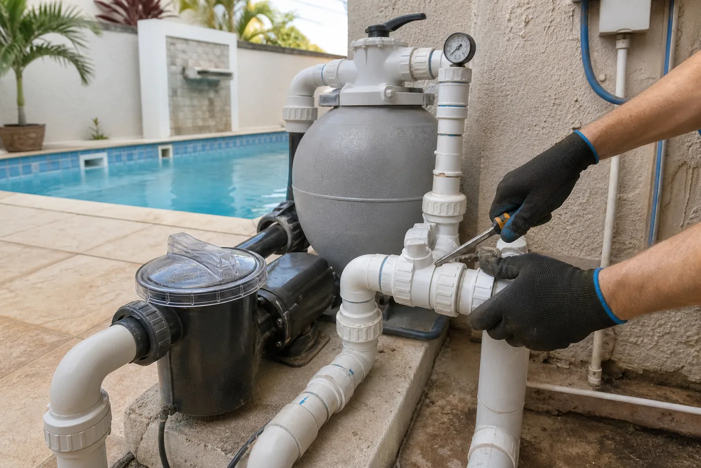 Técnico ajustando válvulas de PVC ao lado de filtro, bomba e piscina residencial