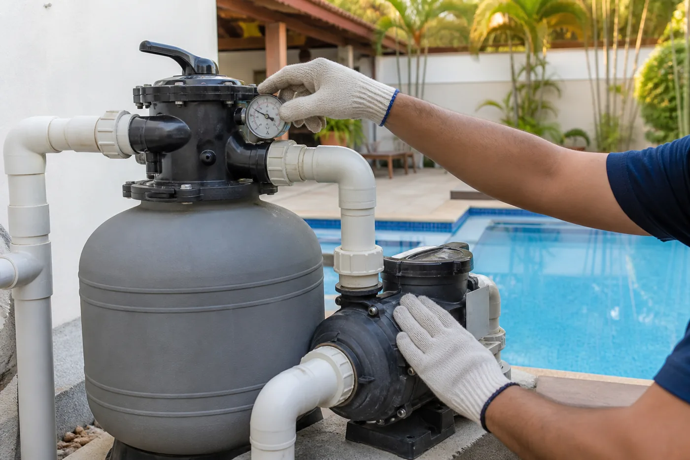 Técnico inspecionando filtro de areia bomba tubulações e manômetro de piscina