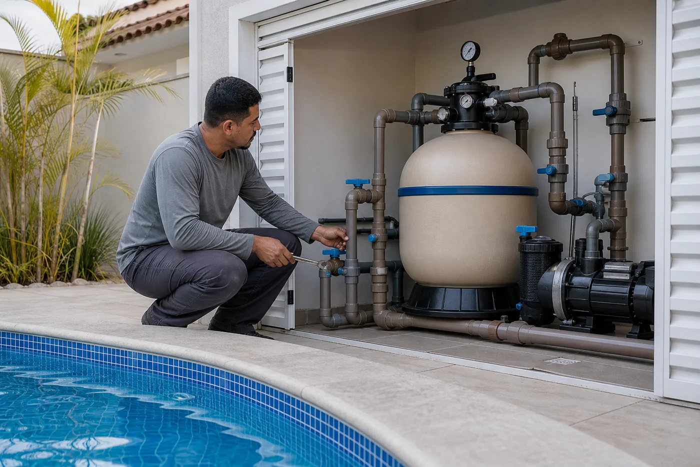 Técnico verificando filtro de areia, bomba, manômetro e registros da piscina no Jardim América Oeste, Goiânia