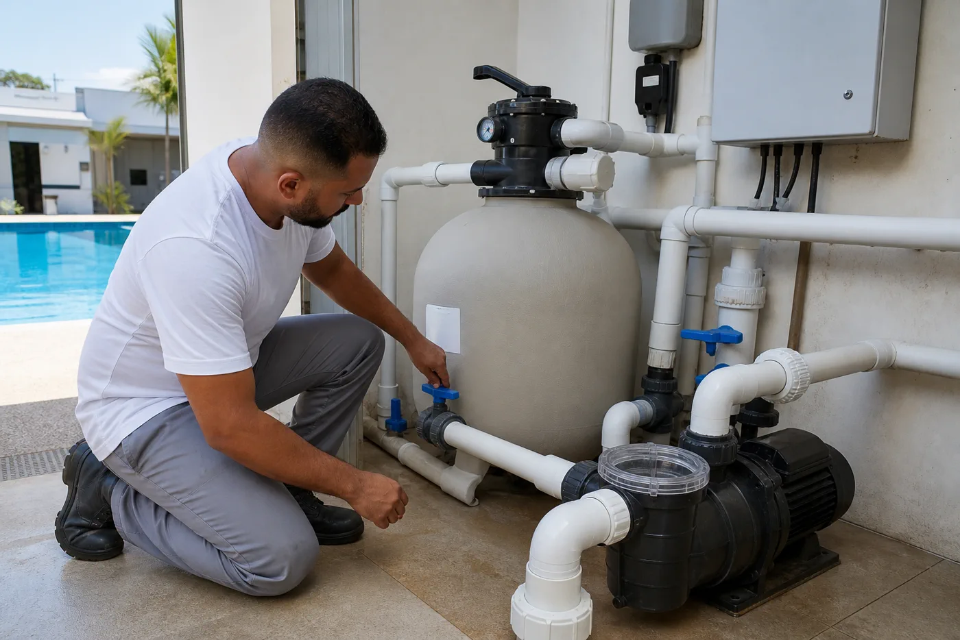 Técnico verificando filtro de areia, manômetro, bomba e tubulações da casa de máquinas de piscina no Parque Real