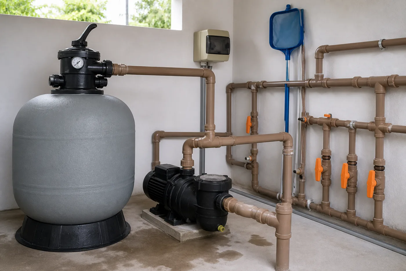 Filtro de areia, bomba, registros e manômetro em casa de máquinas de piscina residencial