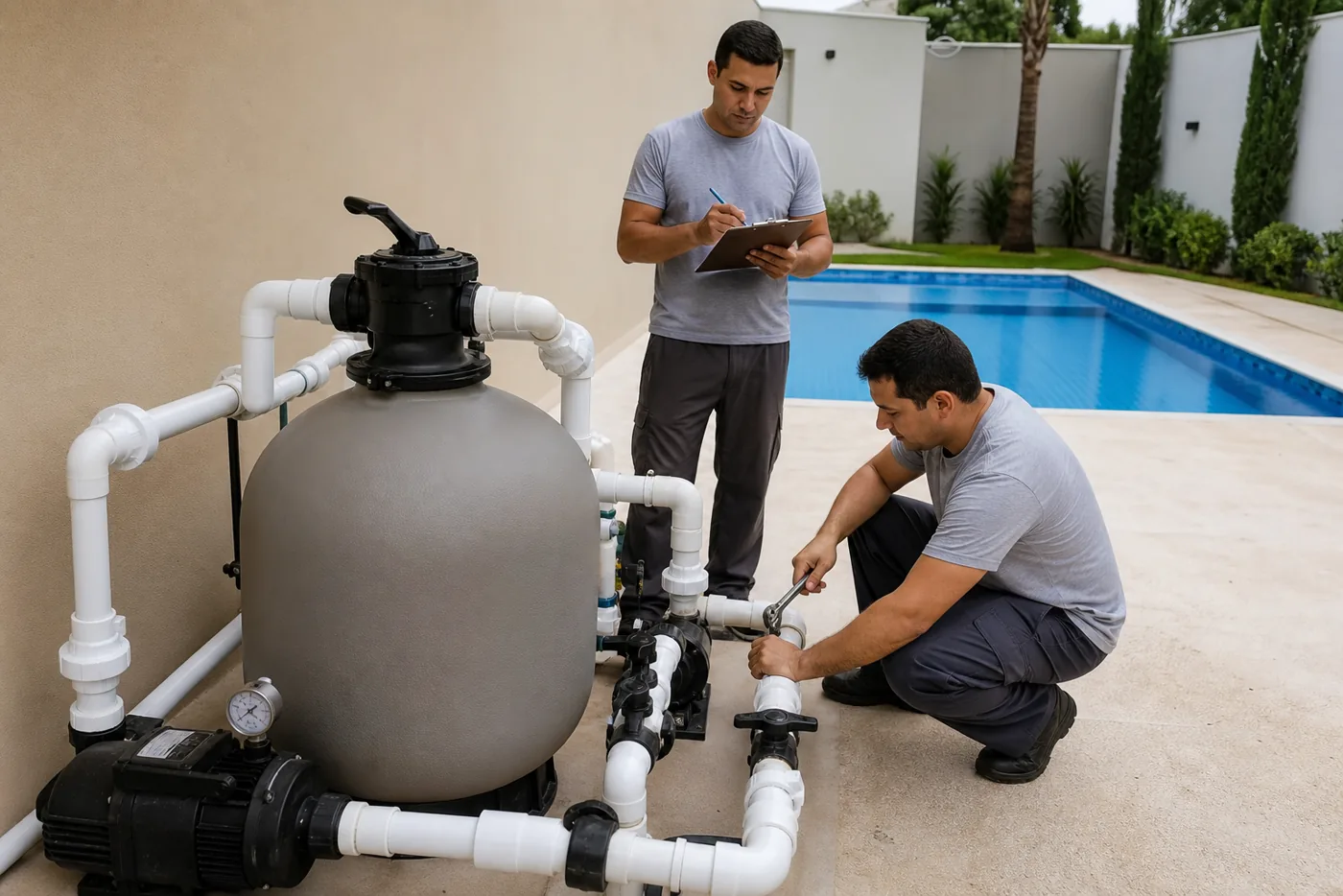 Técnicos conferindo filtro de areia, bomba e tubulação de casa de máquinas ao lado de piscina residencial