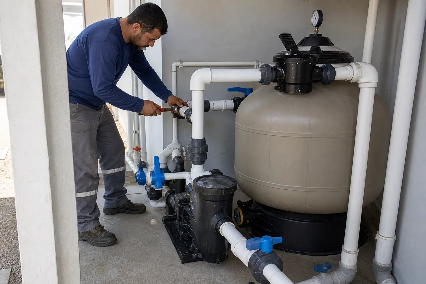 Técnico ajustando válvulas de filtro bomba manômetro e tubulações em casa de máquinas de piscina