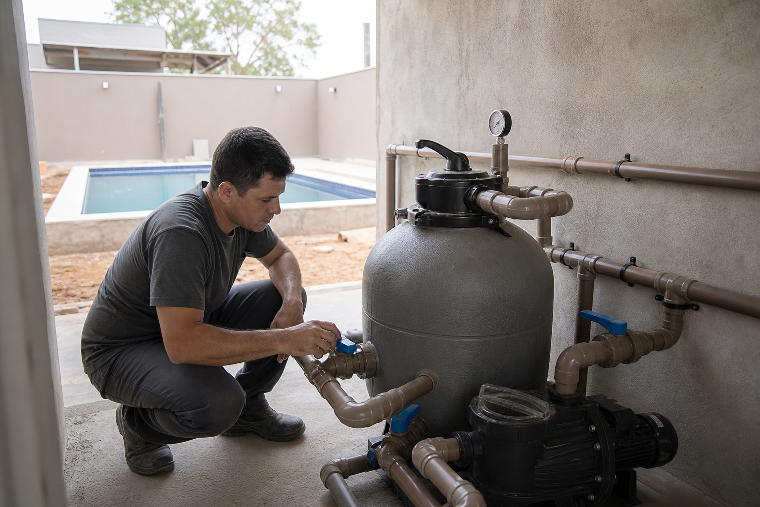 Filtro de areia, bomba, registros e tubulações organizadas em casa de máquinas de piscina