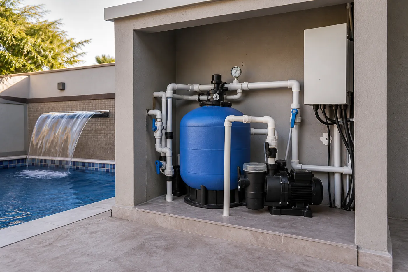 Filtro de areia azul, motobomba, tubulações PVC, registros e manômetro em casa de máquinas ao lado de piscina