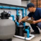 Técnico inspecionando filtro de areia bomba manômetro válvulas e tubulações da casa de máquinas de piscina