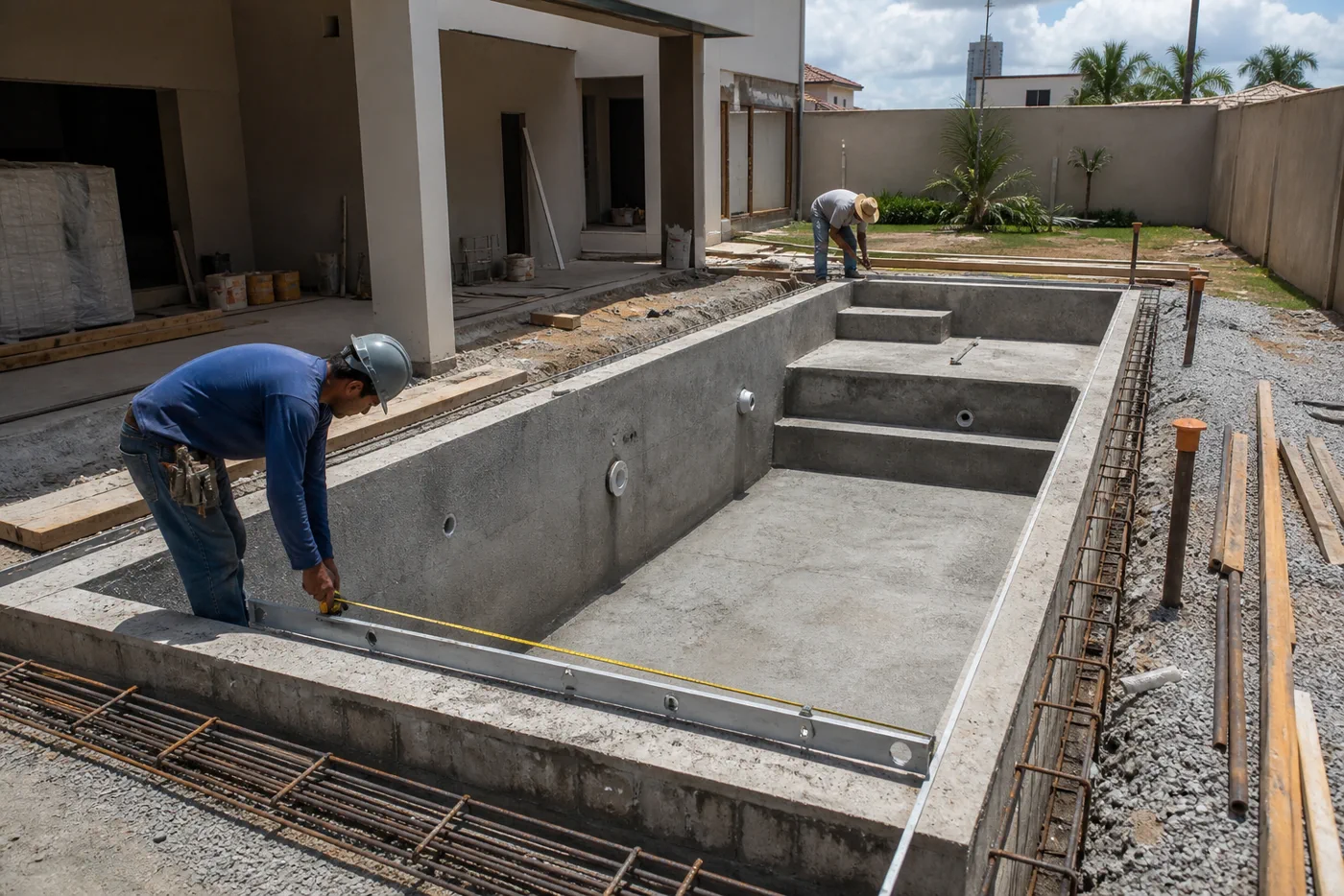 Piscina residencial em construção com estrutura de concreto e medição técnica no Setor dos Funcionários, Goiânia