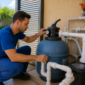 Técnico conferindo manômetro de filtro de areia com bomba e tubulações ao lado de piscina residencial